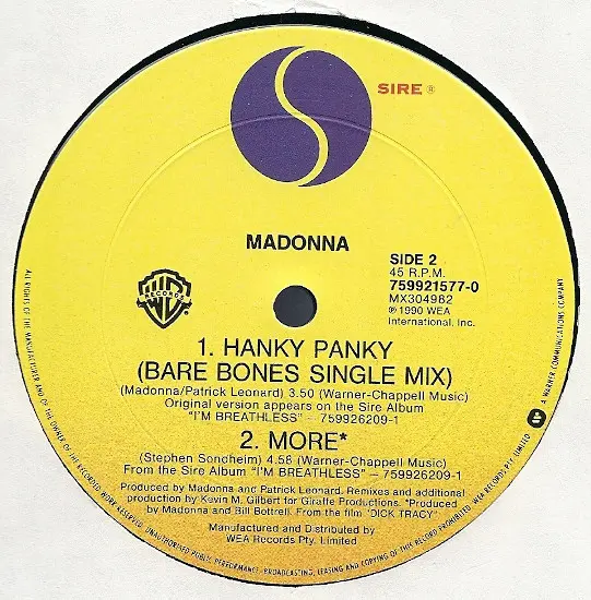 Madonna - Hanky Panky, Electronic, Jazzdance, Synth-pop, 1990 - Sire, Warner Bros. Records, Australia, Vinyl 1x 12", 45 RPM, 