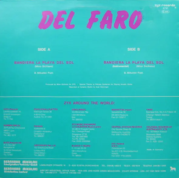 Del Faro - Bandiera La Playa Del Sol - 1987 - Italo-Disco, Synth-pop - ZYX Records - Vinyl 1x 12", Maxi-Single, 45 RPM