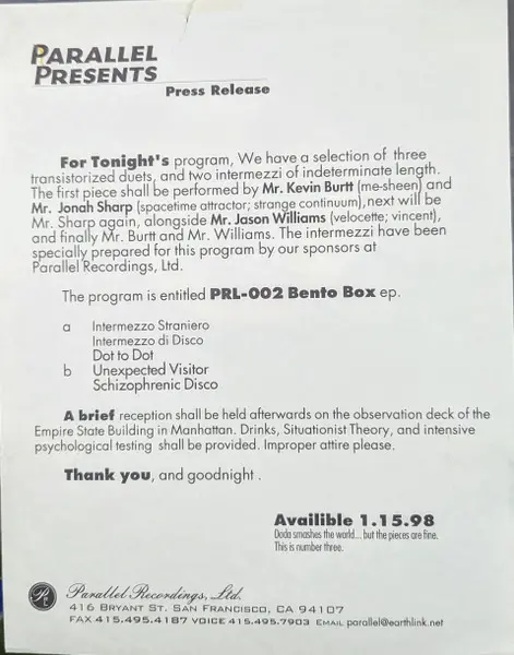Bento Box - EP, Electronic, Electro, Techno, 1997 - Parallel Recordings, Ltd., US, Vinyl 1x 12", 33 ⅓ RPM, Test Pressing