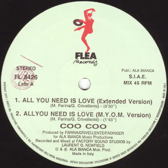 Coo Coo - All You Need Is Love, Electronic, Eurobeat, Hi NRG, 1989 - Flea Records, Italy, Vinyl 1x 12", 45 RPM