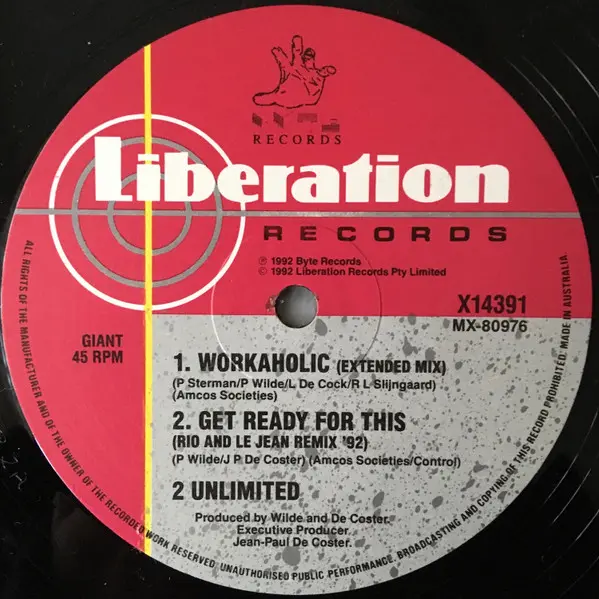 2 Unlimited - Workaholic, Electronic, Euro House, Techno, 1992 - Byte Records, Liberation Records, Australia, Vinyl 1x 12", 4