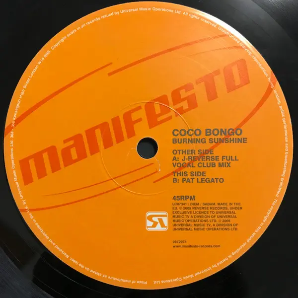 Coco Bongo - Burning Sunshine, Electronic, Deep House, House, 2005 - Manifesto, UK, Vinyl 1x 12"