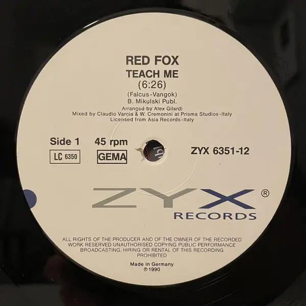 Red Fox - Teach Me, Electronic, New Beat, 1990 - ZYX Records, Germany, Vinyl 1x 12", Maxi-Single