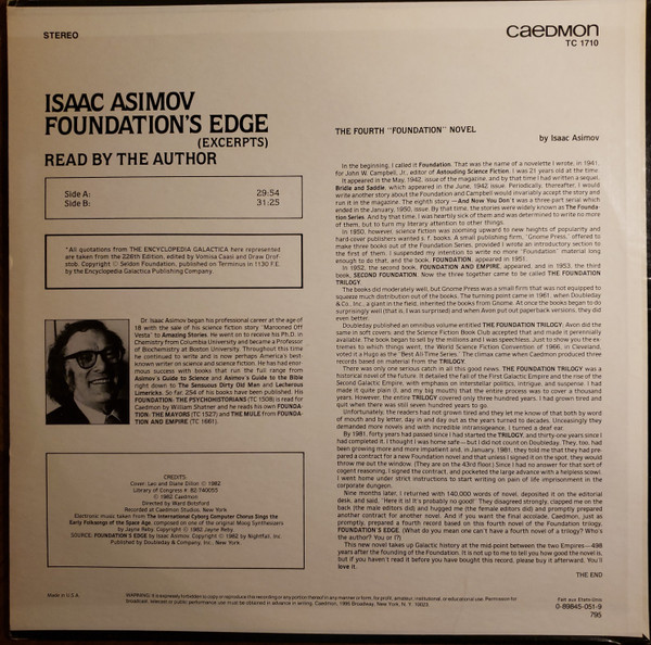 Isaac Asimov - Foundation's Edge, Non-Music, Spoken Word, 1982 - Caedmon Records, US, Vinyl 1x LP, Album, Stereo