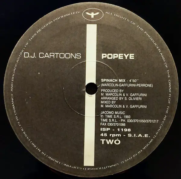 DJ Cartoons - Popeye, Electronic, Hard House, Progressive Trance, Techno, 1993 - Italian Style Production, Italy, Vinyl 1x 12