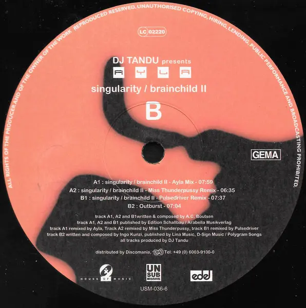 DJ Tandu Presents Ayla - Singularity / Brainchild II, Electronic, Trance, 2000 - Unsubmissive Records, Germany, Vinyl 1x 12",