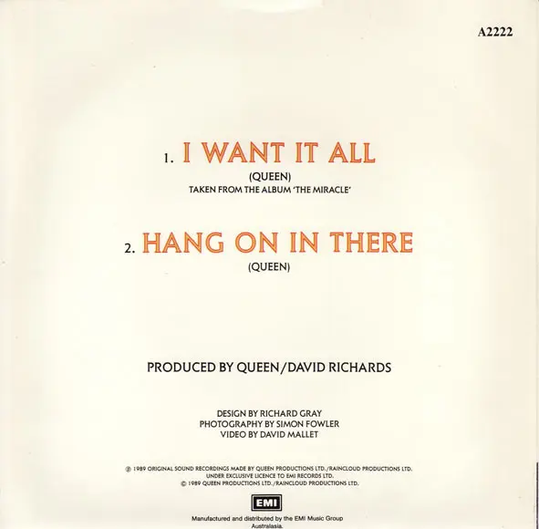 Queen - I Want It All - 1989 - Pop Rock - Parlophone - Vinyl 1x 7", 45 RPM, Single