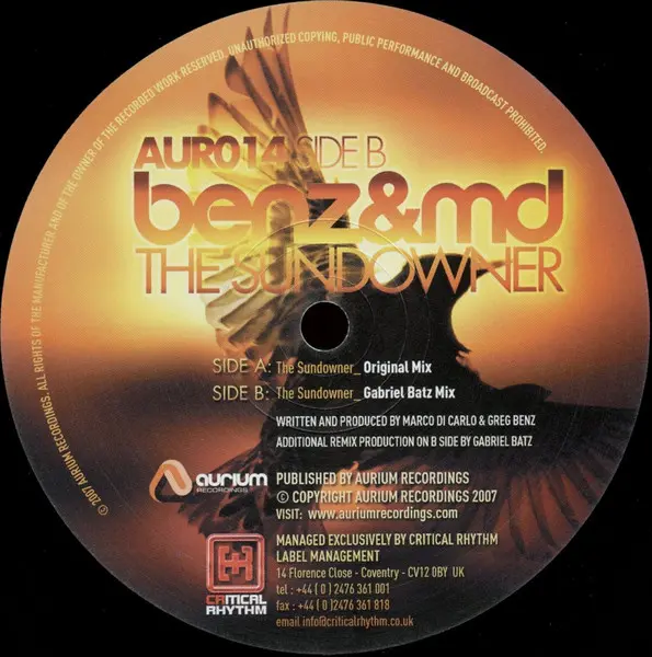 Benz & MD - The Sundowner, Electronic, Progressive House, 2007 - Aurium Recordings, US, Vinyl 1x 12"