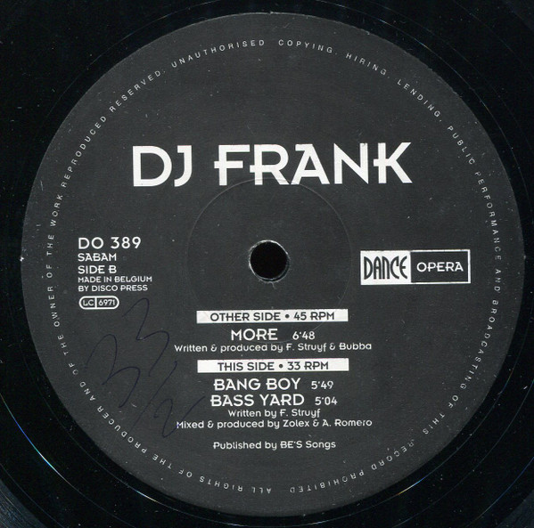 DJ Frank (4) - More, Electronic, Hard Trance, Techno, 1994 - Dance Opera, Belgium, Vinyl 1x 12"