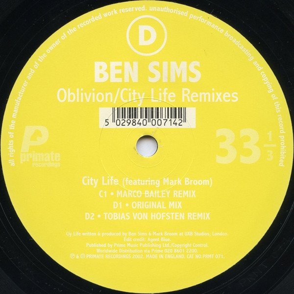 Ben Sims - Oblivion / City Life Remixes, Electronic, Techno, 2003 - Primate Recordings, UK, Vinyl 2x 12", 33 ⅓ RPM