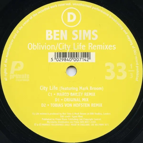 Ben Sims - Oblivion / City Life Remixes, Electronic, Techno, 2003 - Primate Recordings, UK, Vinyl 2x 12", 33 ⅓ RPM