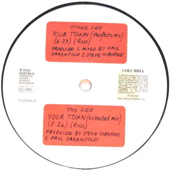 Deacon Blue - Your Town, Electronic, Euro House, Progressive House, Synth-pop, 1992 - Columbia, UK, Vinyl 1x 12", 45 RPM, Sin