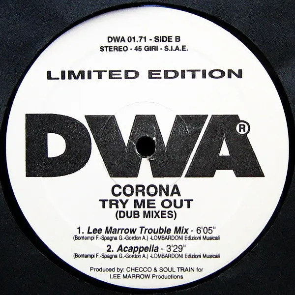 Corona - Try Me Out (Dub Mixes), Electronic, Euro House, 1995 - DWA (Dance World Attack), Italy, Vinyl 1x 12", 45 RPM, Limite