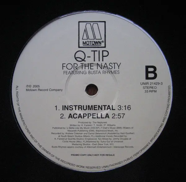 Q-Tip Featuring Busta Rhymes - For The Nasty, Hip Hop, Conscious, 2005 - Motown, US, Vinyl 1x 12", 33 ⅓ RPM, Promo
