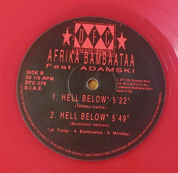 Afrika Bambaataa Featuring Adamski - Hell Below, Electronic, Electro, Progressive House, Techno, 1992 - DFC, Italy, Vinyl 1x 