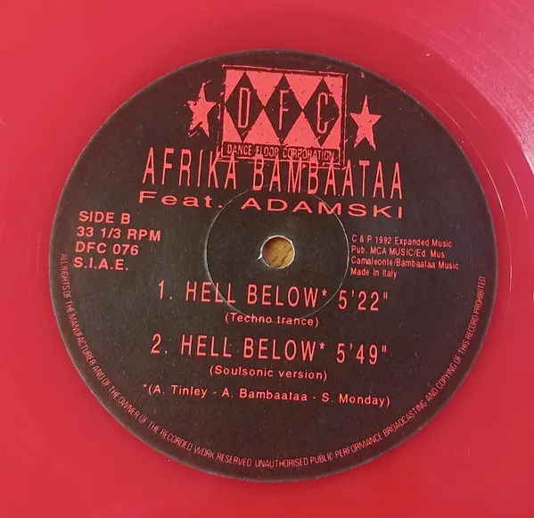 Afrika Bambaataa Featuring Adamski - Hell Below, Electronic, Electro, Progressive House, Techno, 1992 - DFC, Italy, Vinyl 1x 