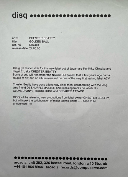 Chester Beatty - Goldenball, Electronic, Techno, 2000 - Disq, UK, Vinyl 1x 12"