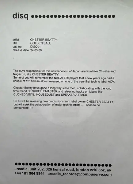 Chester Beatty - Goldenball, Electronic, Techno, 2000 - Disq, UK, Vinyl 1x 12"