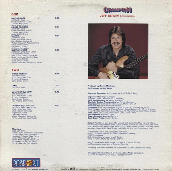 Jeff Berlin & Vox Humana (4) - Champion, Jazz, Rock, Fusion, 1985 - Passport Jazz, US, Vinyl 1x LP, Album