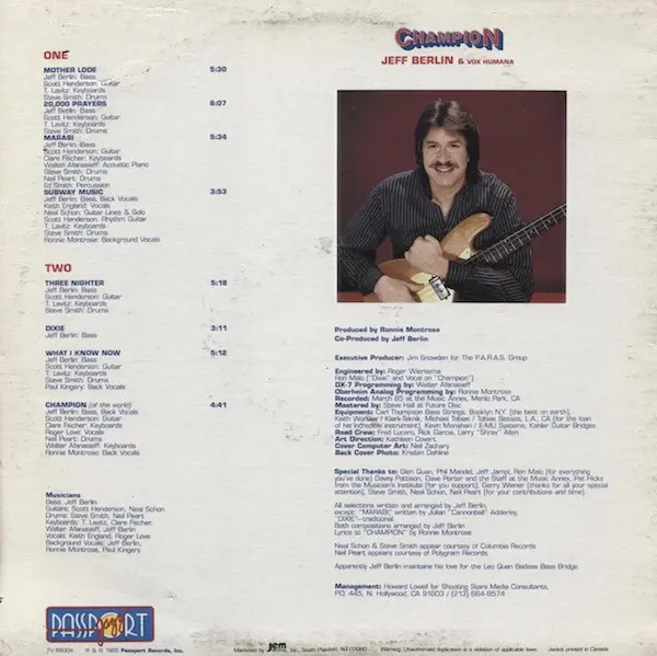 Jeff Berlin & Vox Humana (4) - Champion, Jazz, Rock, Fusion, 1985 - Passport Jazz, US, Vinyl 1x LP, Album
