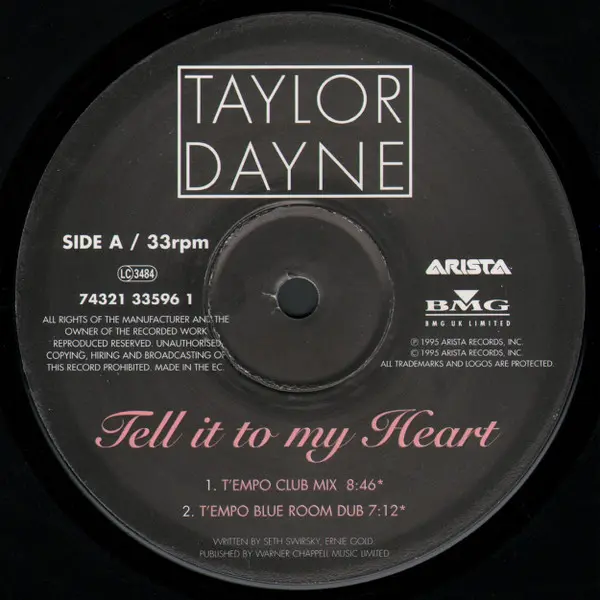 Taylor Dayne - Tell It To My Heart, Electronic, Hard House, House, 1996 - Arista, UK, Vinyl 1x 12", 33 ⅓ RPM