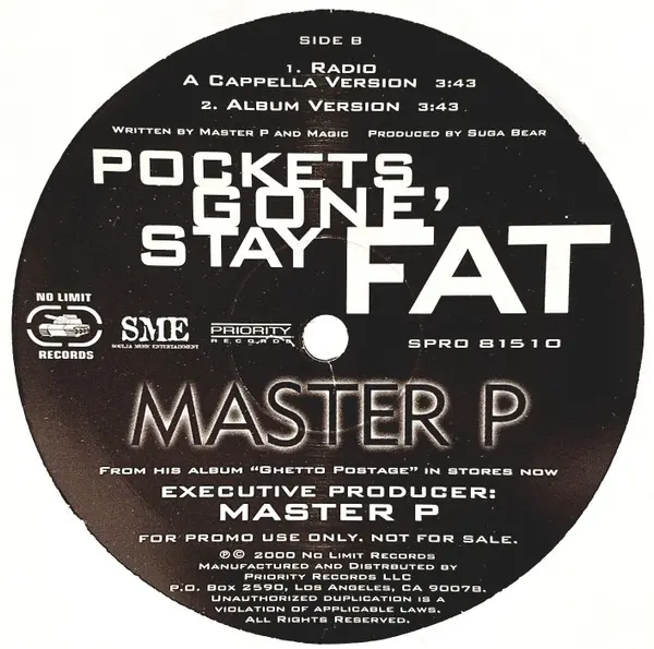 Master P - Pockets Gone' Stay Fat, Hip Hop, Gangsta, 2000 - No Limit Records, Priority Records, US, Vinyl 1x 12", Promo