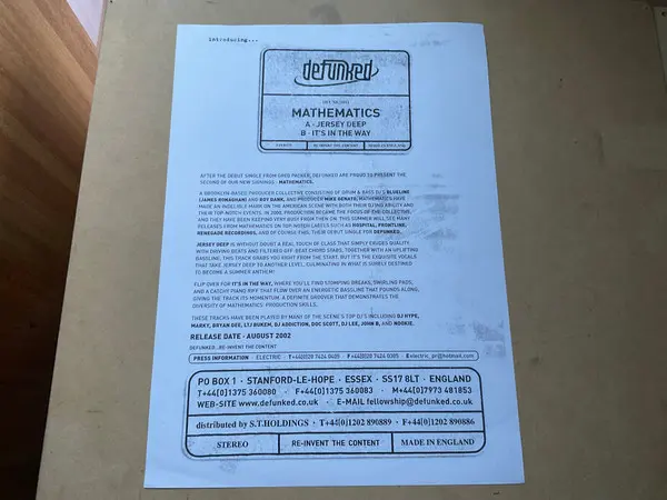 Mathematics - Jersey Deep / It's In The Way, Electronic, Drum n Bass, 2002 - Defunked, UK, Vinyl 1x 12", 45 RPM