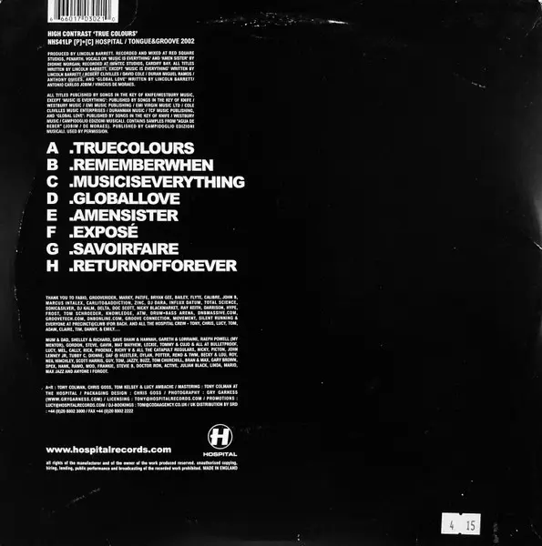 High Contrast - True Colours, Electronic, Drum n Bass, 2002 - Hospital Records, UK, Vinyl 4x 12", 33 ⅓ RPM, Album