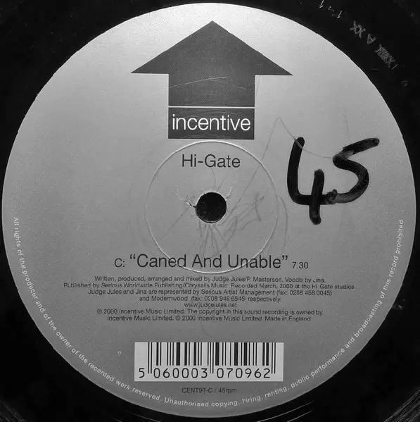 Hi-Gate - I Can Hear Voices / Caned And Unable, Electronic, Trance, 2000 - Incentive, UK, Vinyl 1x 12", 33 ⅓ RPM, 45 RPM