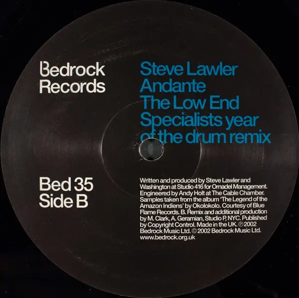 Steve Lawler - Andante, Electronic, Deep House, House, Progressive House, 2002 - Bedrock Records, UK, Vinyl 1x 12", 33 ⅓ RPM