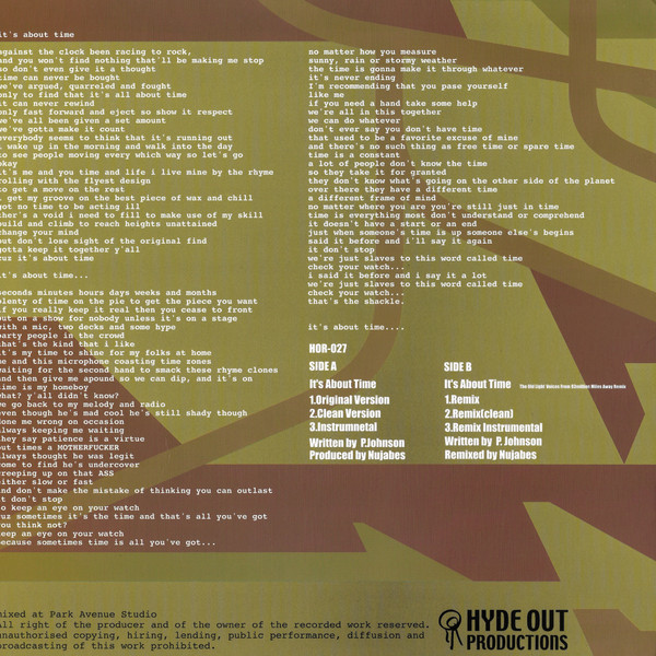 Pase Rock - It's About Time, Hip Hop, 2002 - Hyde Out Productions, Japan, Vinyl 1x 12", 33 ⅓ RPM