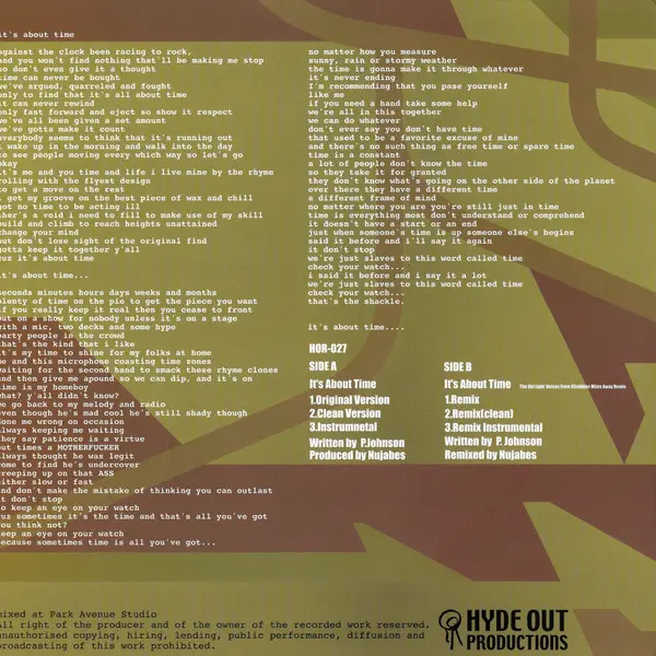 Pase Rock - It's About Time, Hip Hop, 2002 - Hyde Out Productions, Japan, Vinyl 1x 12", 33 ⅓ RPM