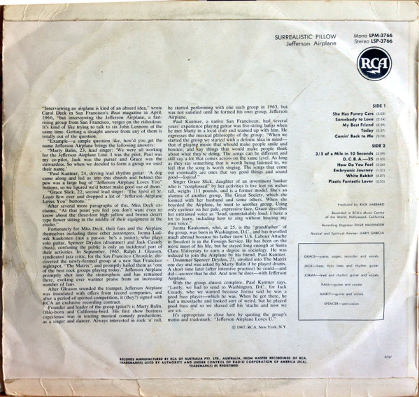 Jefferson Airplane - Surrealistic Pillow, Rock, Folk Rock, Psychedelic Rock, 1967 - RCA, Australia, Vinyl 1x LP, Album, Mono