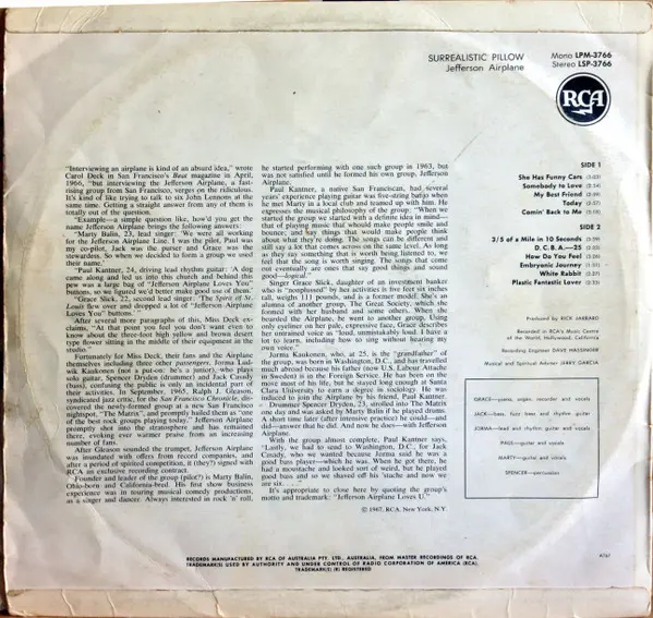 Jefferson Airplane - Surrealistic Pillow, Rock, Folk Rock, Psychedelic Rock, 1967 - RCA, Australia, Vinyl 1x LP, Album, Mono