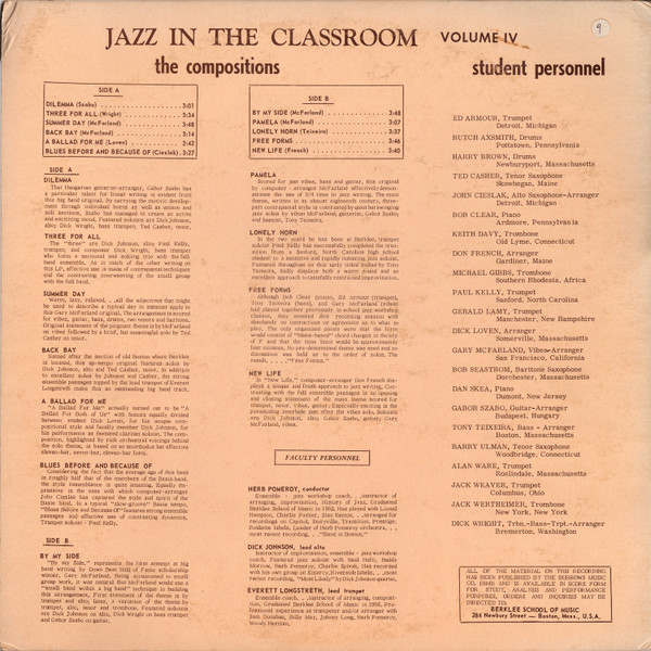 Jazz In The Classroom - Vol. IV, Jazz, 1960 - Berklee Records, US, Vinyl 1x LP, Album, Mono