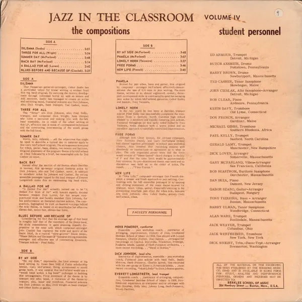 Jazz In The Classroom - Vol. IV, Jazz, 1960 - Berklee Records, US, Vinyl 1x LP, Album, Mono