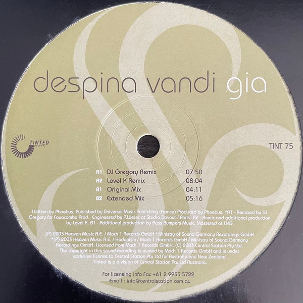 Despina Vandi - Gia, Electronic, Progressive House, Progressive Trance, 2003 - Tinted Records, Australia, Vinyl 1x 12"