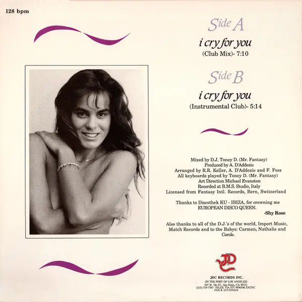Shy Rose - I Cry For You, Electronic, Italo-Disco, 1987 - JDC Records, US, Vinyl 1x 12", 33 ⅓ RPM