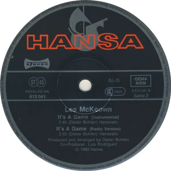 Les McKeown - It's A Game, Electronic, Pop, Disco, Synth-pop, 1989 - Hansa, Germany, Vinyl 1x 12", Maxi-Single, 45 RPM