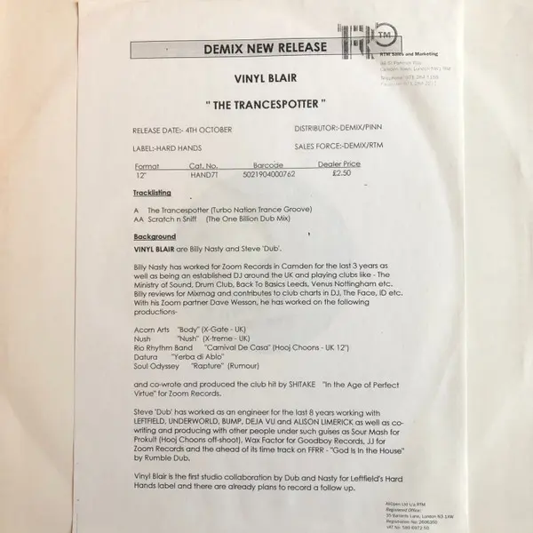 Vinyl Blair - The Trancespotter / Scratch N Sniff, Electronic, Techno, Trance, 1993 - Hard Hands, UK, Vinyl 1x 12", White Lab