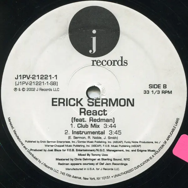 Erick Sermon Feat. Redman - React, Hip Hop, 2002 - J Records, US, Vinyl 1x 12", Promo