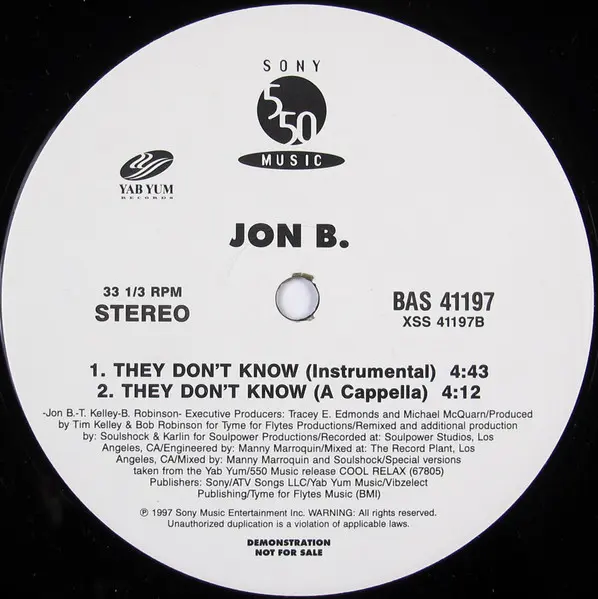 Jon B - They Don't Know, Funk / Soul, Contemporary R&B, 1997 - 550 Music, Yab Yum Records, US, Vinyl 1x 12", 33 ⅓ RPM, Promo,