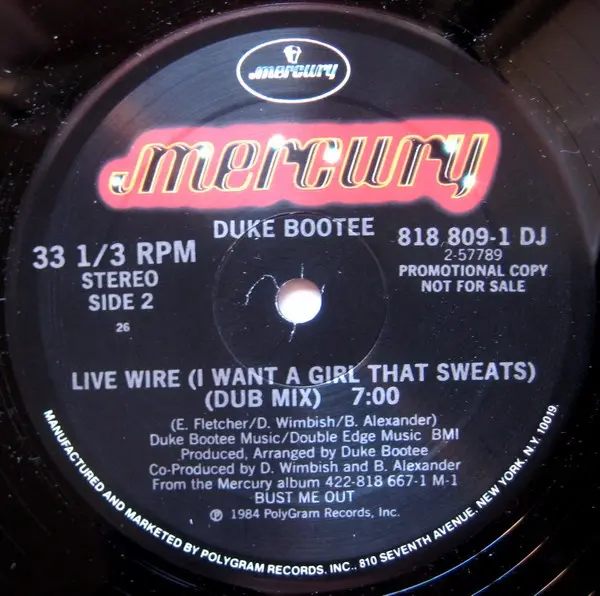 Duke Bootee - Live Wire (I Want A Girl That Sweats), Hip Hop, Electro, 1984 - Mercury, US, Vinyl 1x 12", Promo, 33 ⅓ RPM
