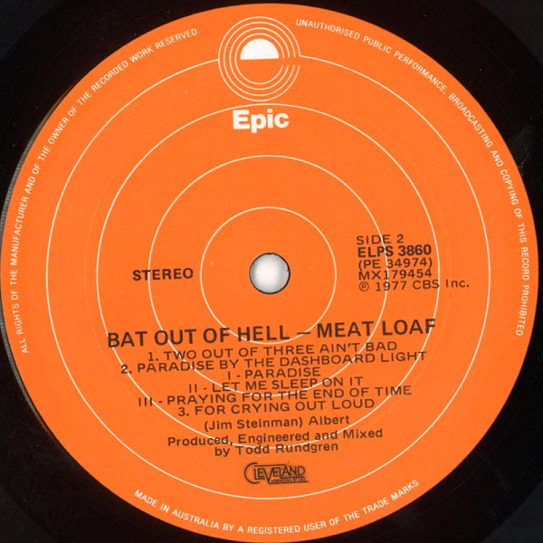 Meat Loaf - Bat Out Of Hell, Rock, Classic Rock, Glam, Hard Rock, Heavy Metal, Rock & Roll, 1977 - Epic, Australia, Vinyl 1x 
