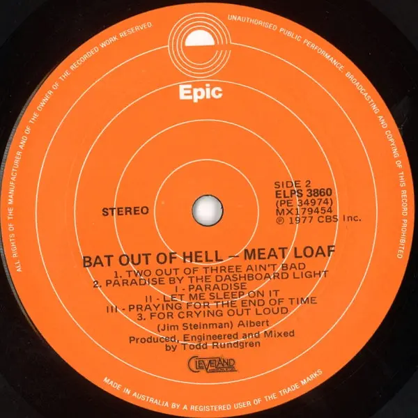 Meat Loaf - Bat Out Of Hell, Rock, Classic Rock, Glam, Hard Rock, Heavy Metal, Rock & Roll, 1977 - Epic, Australia, Vinyl 1x 