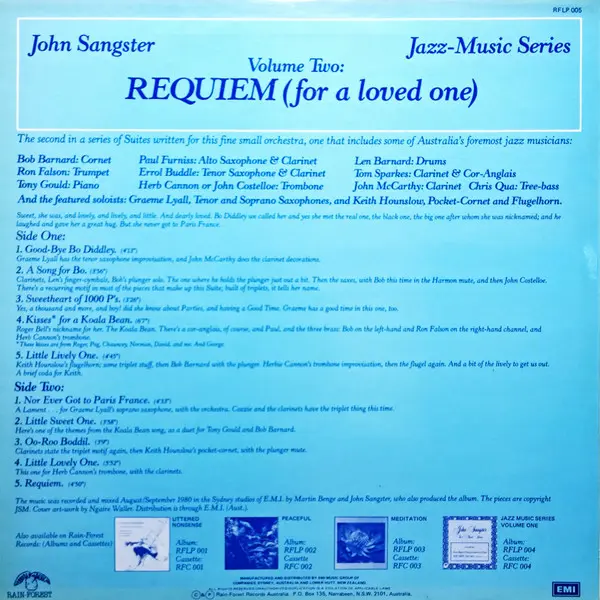 John Sangster - Requiem (For A Loved One), Jazz, 1980 - Rain-Forest, Australia, Vinyl 1x LP, Album, Stereo