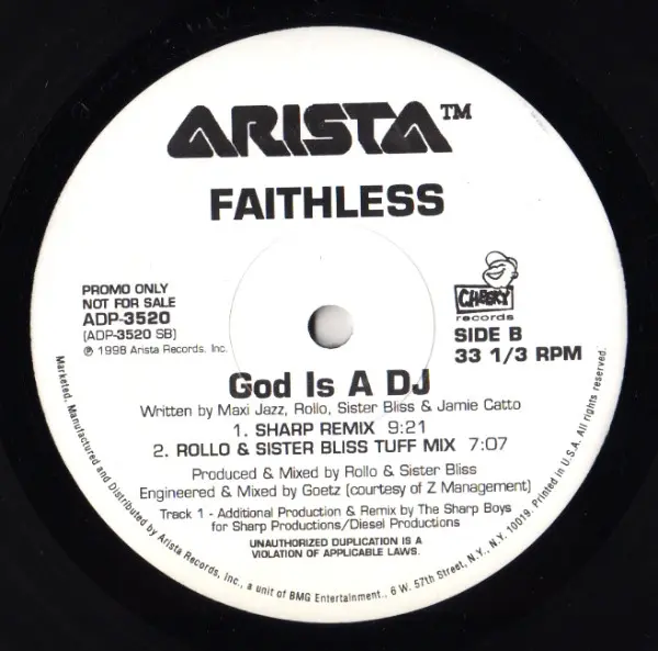 Faithless - God Is A DJ, Electronic, Progressive House, Progressive Trance, 1998 - Arista, Cheeky Records, US, Vinyl 1x 12", 