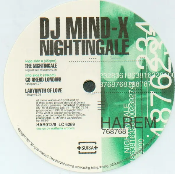 DJ Mind-X - Nightingale, Electronic, Hard Trance, Trance, 1997 - Harem Records, Switzerland, Vinyl 1x 12", 45 RPM, 33 ⅓ RPM W