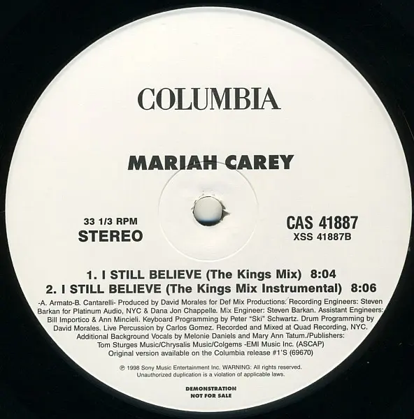 Mariah Carey - I Still Believe, Electronic, House, 1998 - Columbia, US, Vinyl 1x 12", 33 ⅓ RPM, Promo