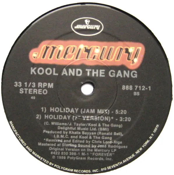 Kool & The Gang - Holiday, Electronic, Funk / Soul, Disco, Electro, Funk, 1987 - Mercury, US, Vinyl 1x 12", Single, 33 ⅓ RPM